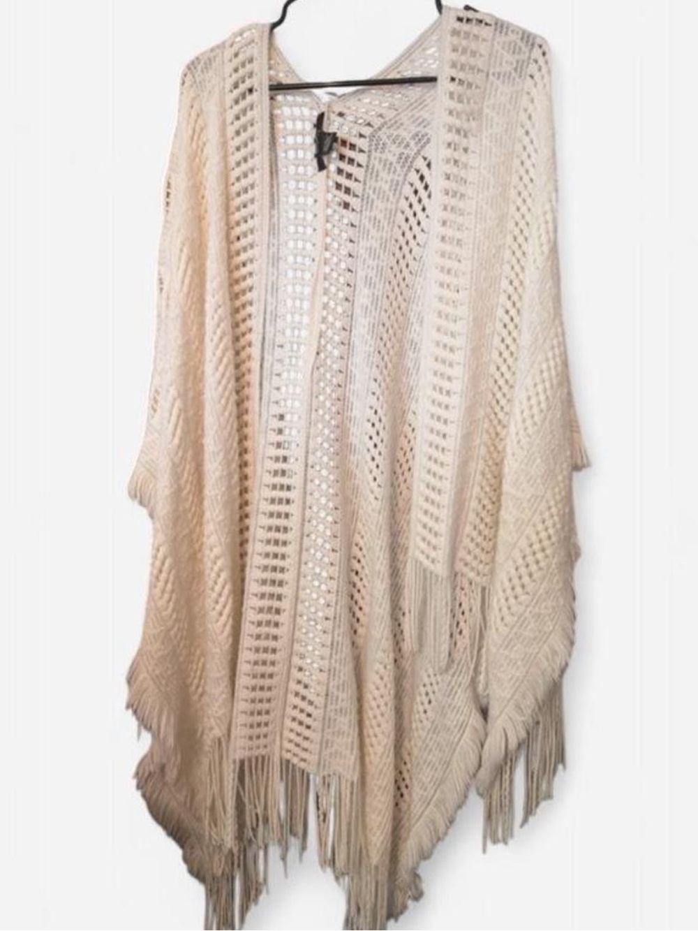 White Open-Knit Fringe Sweater Poncho